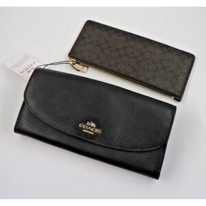 NWT Coach Black Pebbled Leather Wallet 8"‎ Flap Clutch MSRP $250